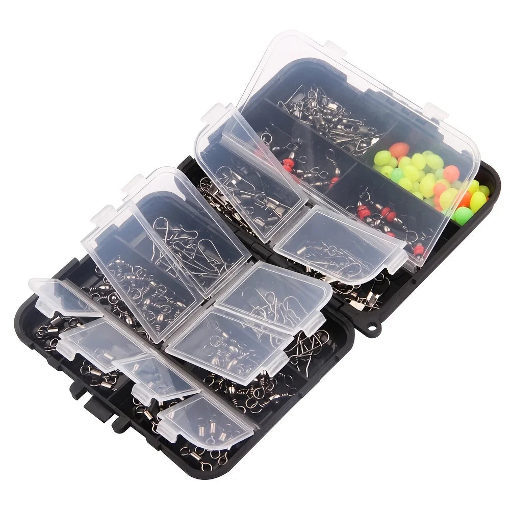 Kit de encaixes giratórios de pesca 140 unidades/caixa - giros de rolamento de esferas, conectores giratórios triplos e clipes de pressão de barril