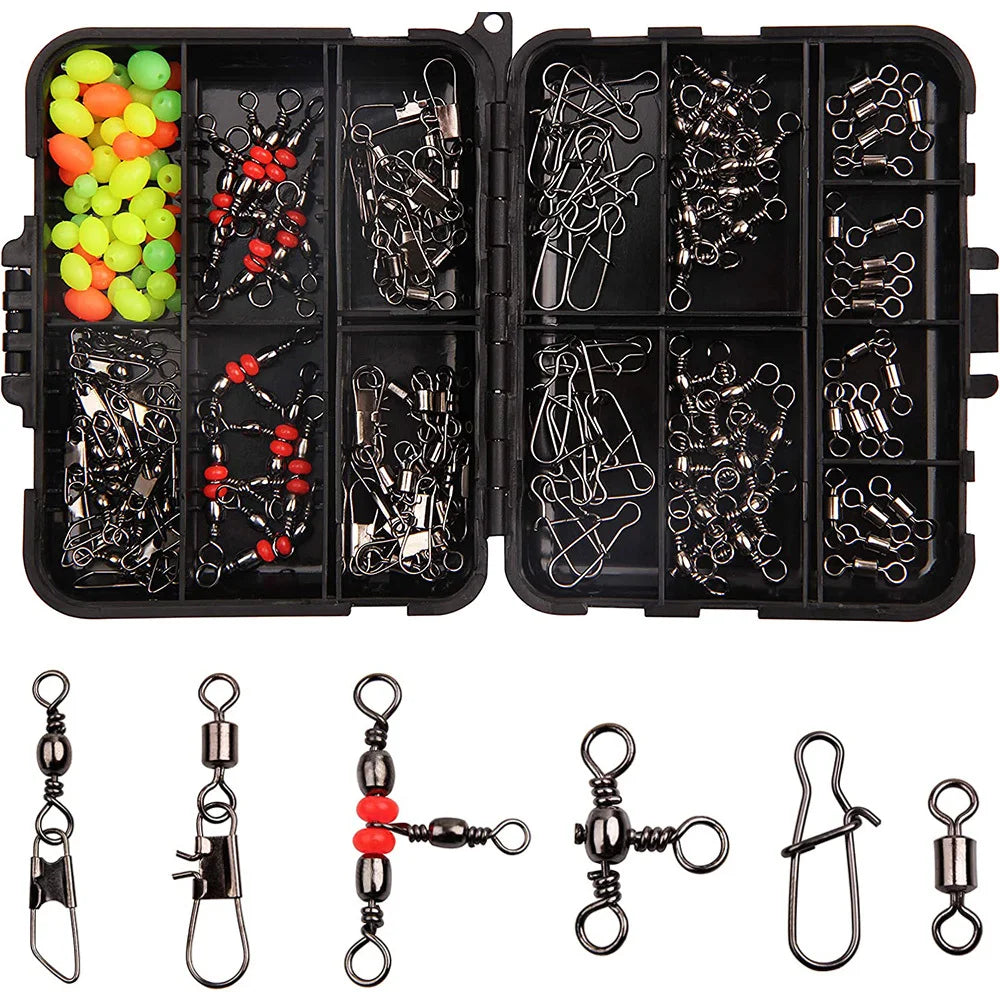 Kit de encaixes giratórios de pesca 140 unidades/caixa - giros de rolamento de esferas, conectores giratórios triplos e clipes de pressão de barril