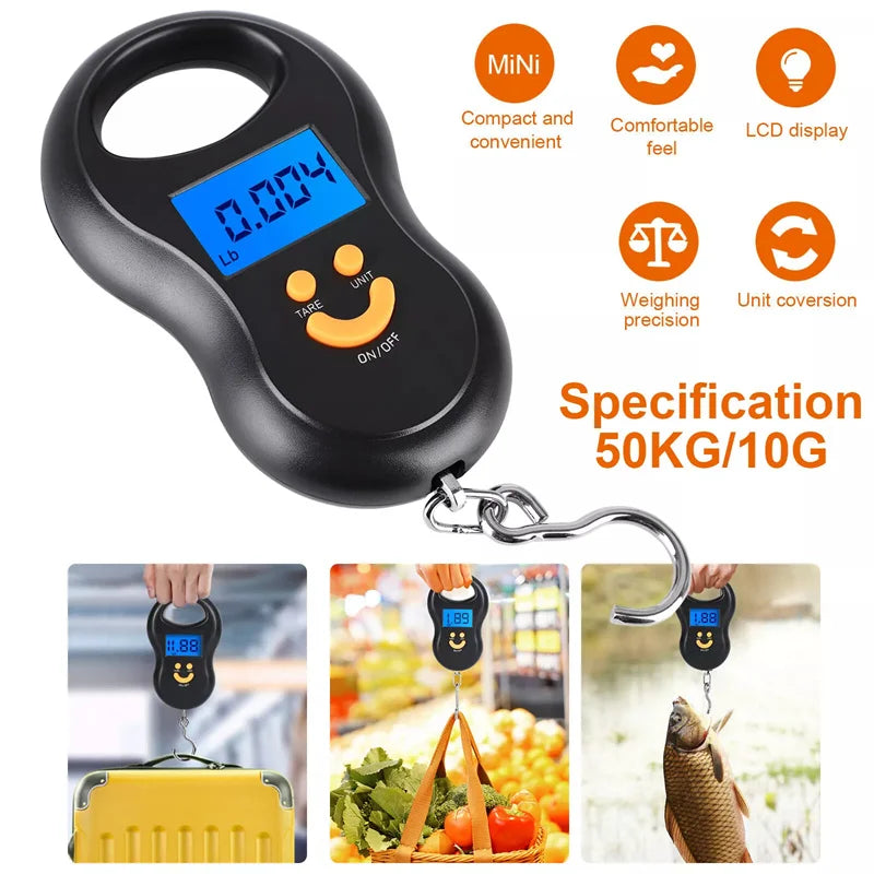 Balança eletrônica portátil de 50kg, balança de mola de alta precisão, lcd, balança digital suspensa, luz de fundo, pesos de pesca, 0.01kg de erro
