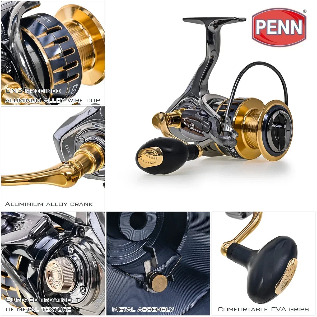 Carretel de pesca PENN GX1000-7000 com 13 + 1 rolamentos de última geração, arrasto máximo de 25 kg e presente de linha de pesca PE bônus