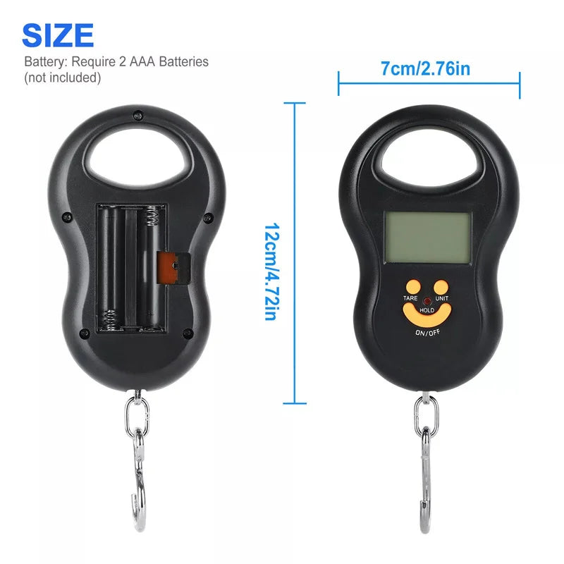Balança eletrônica portátil de 50kg, balança de mola de alta precisão, lcd, balança digital suspensa, luz de fundo, pesos de pesca, 0.01kg de erro