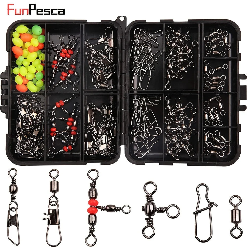 Kit de encaixes giratórios de pesca 140 unidades/caixa - giros de rolamento de esferas, conectores giratórios triplos e clipes de pressão de barril