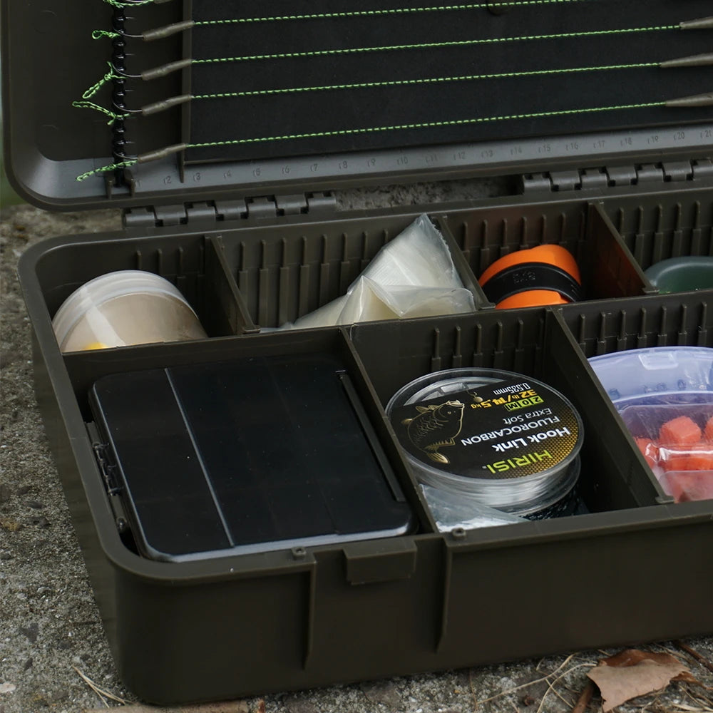 Hirisi caixa organizadora de pesca de carpa, grande capacidade, compartimentos multiuso, acessórios de pesca, caixa de armazenamento de peixe, isca falsa