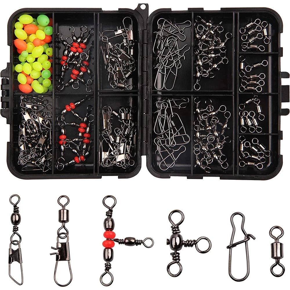 Kit de encaixes giratórios de pesca 140 unidades/caixa - giros de rolamento de esferas, conectores giratórios triplos e clipes de pressão de barril