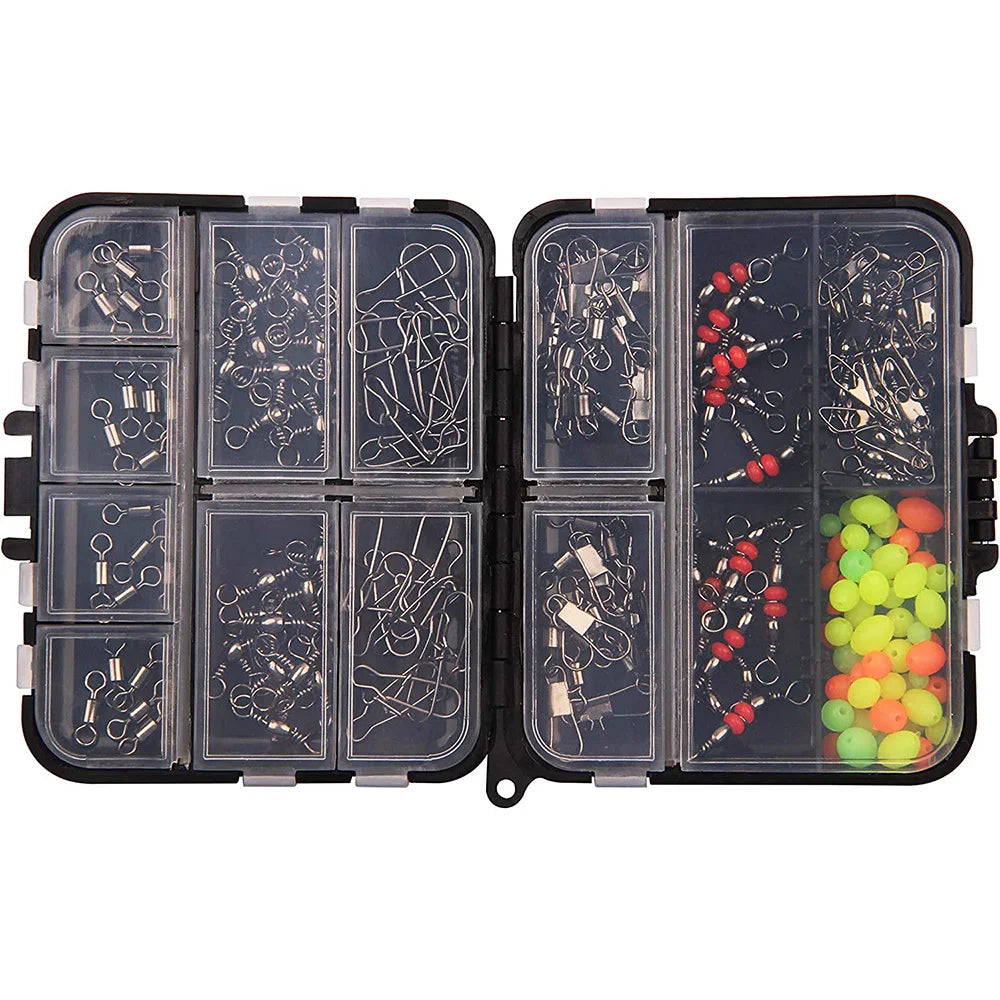 Kit de encaixes giratórios de pesca 140 unidades/caixa - giros de rolamento de esferas, conectores giratórios triplos e clipes de pressão de barril
