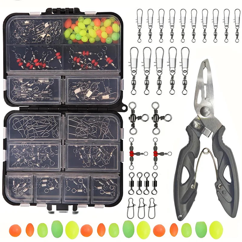 Kit de encaixes giratórios de pesca 140 unidades/caixa - giros de rolamento de esferas, conectores giratórios triplos e clipes de pressão de barril