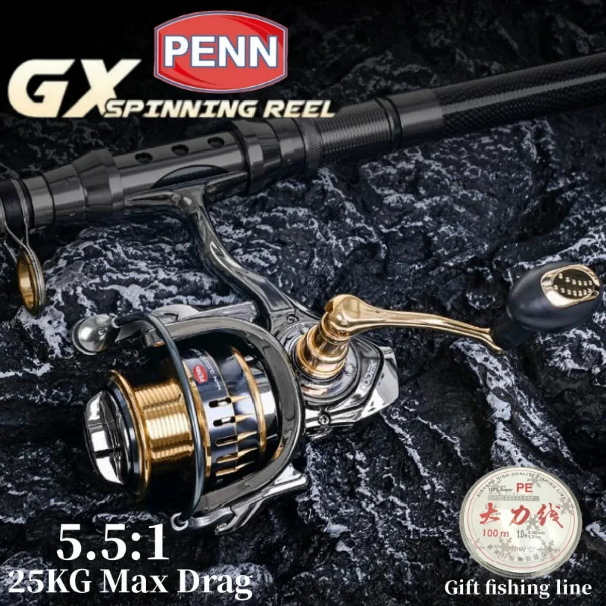 Carretel de pesca PENN GX1000-7000 com 13 + 1 rolamentos de última geração, arrasto máximo de 25 kg e presente de linha de pesca PE bônus