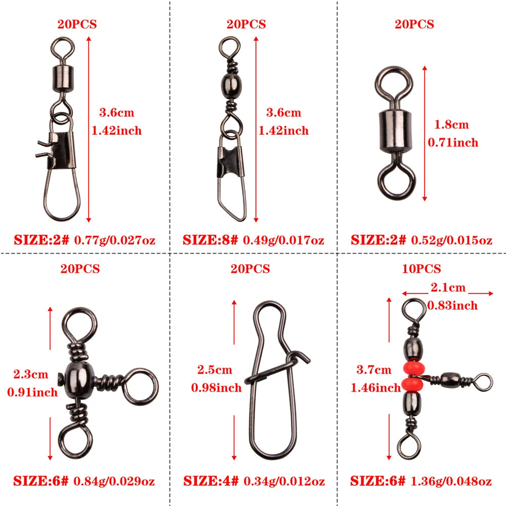 Kit de encaixes giratórios de pesca 140 unidades/caixa - giros de rolamento de esferas, conectores giratórios triplos e clipes de pressão de barril