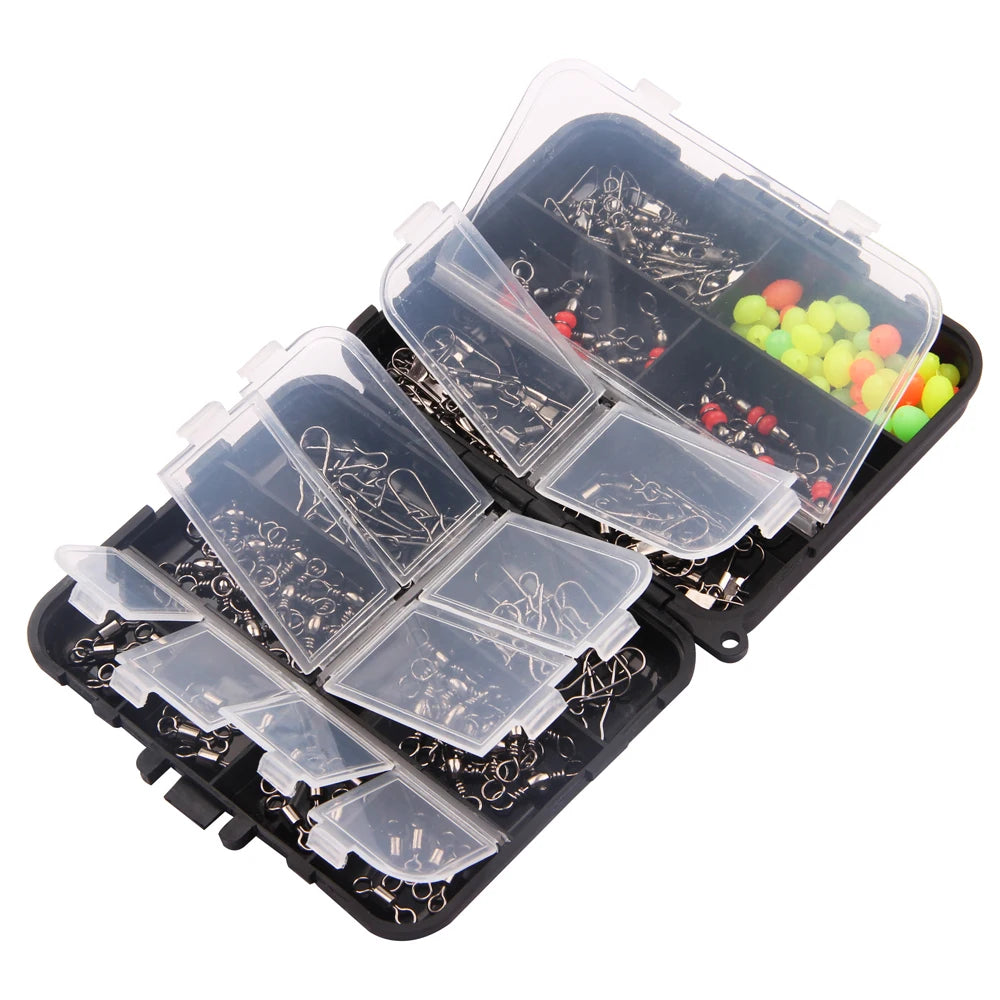 Kit de encaixes giratórios de pesca 140 unidades/caixa - giros de rolamento de esferas, conectores giratórios triplos e clipes de pressão de barril