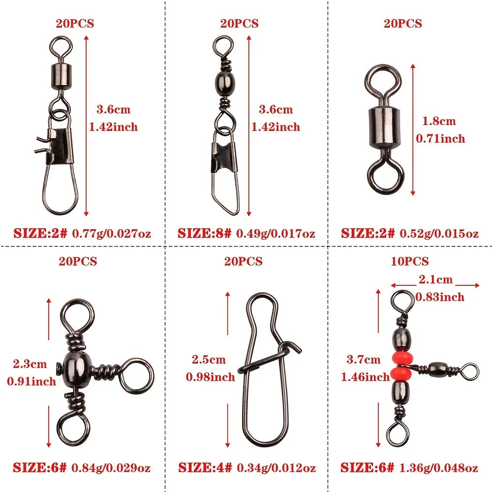 Kit de encaixes giratórios de pesca 140 unidades/caixa - giros de rolamento de esferas, conectores giratórios triplos e clipes de pressão de barril