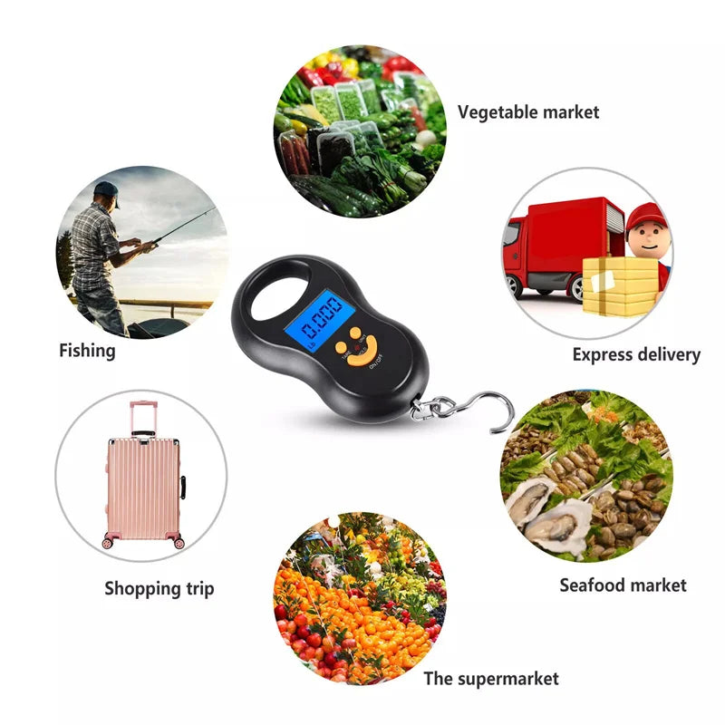 Balança eletrônica portátil de 50kg, balança de mola de alta precisão, lcd, balança digital suspensa, luz de fundo, pesos de pesca, 0.01kg de erro