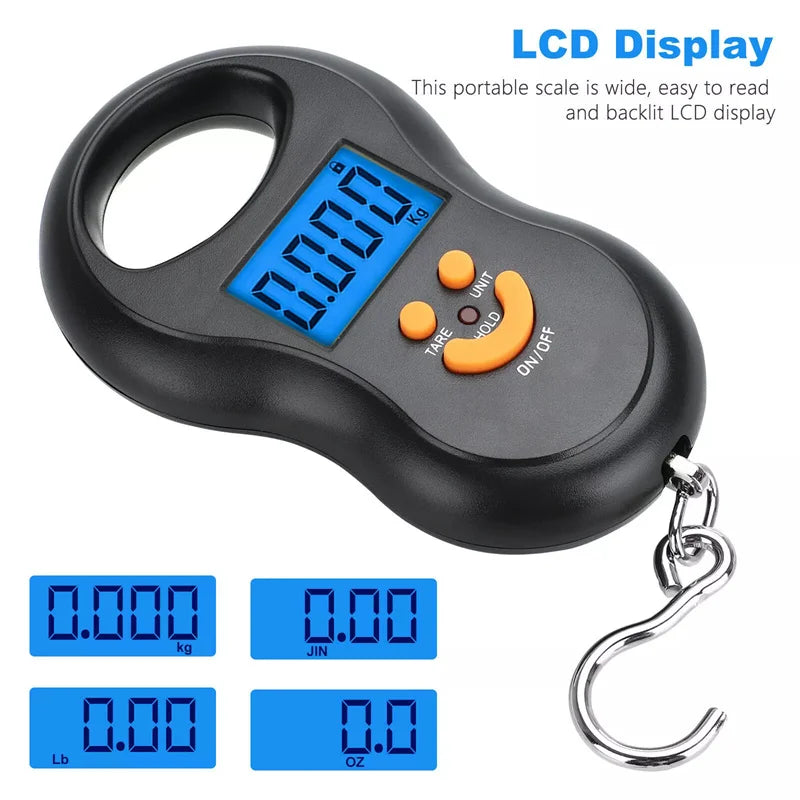 Balança eletrônica portátil de 50kg, balança de mola de alta precisão, lcd, balança digital suspensa, luz de fundo, pesos de pesca, 0.01kg de erro