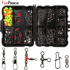Kit de encaixes giratórios de pesca 140 unidades/caixa - giros de rolamento de esferas, conectores giratórios triplos e clipes de pressão de barril