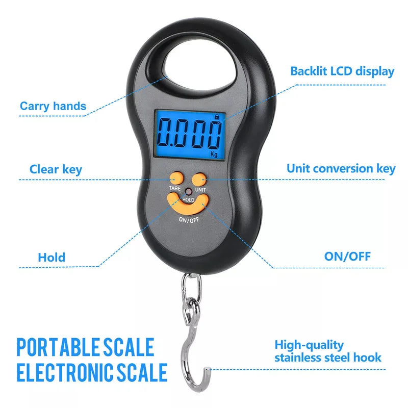 Balança eletrônica portátil de 50kg, balança de mola de alta precisão, lcd, balança digital suspensa, luz de fundo, pesos de pesca, 0.01kg de erro