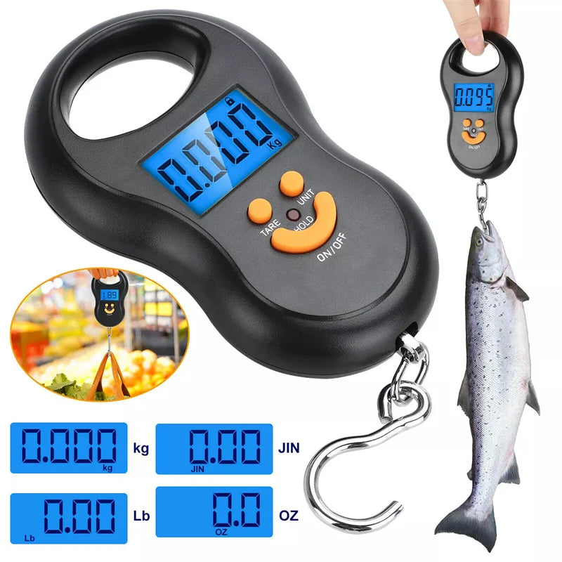 Balança eletrônica portátil de 50kg, balança de mola de alta precisão, lcd, balança digital suspensa, luz de fundo, pesos de pesca, 0.01kg de erro