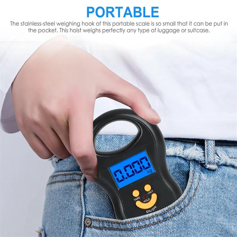 Balança eletrônica portátil de 50kg, balança de mola de alta precisão, lcd, balança digital suspensa, luz de fundo, pesos de pesca, 0.01kg de erro